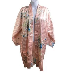 Vintage Marukyo Women's Peach Floral Open Satin Kimono‎ Size L Kyoto Traditional